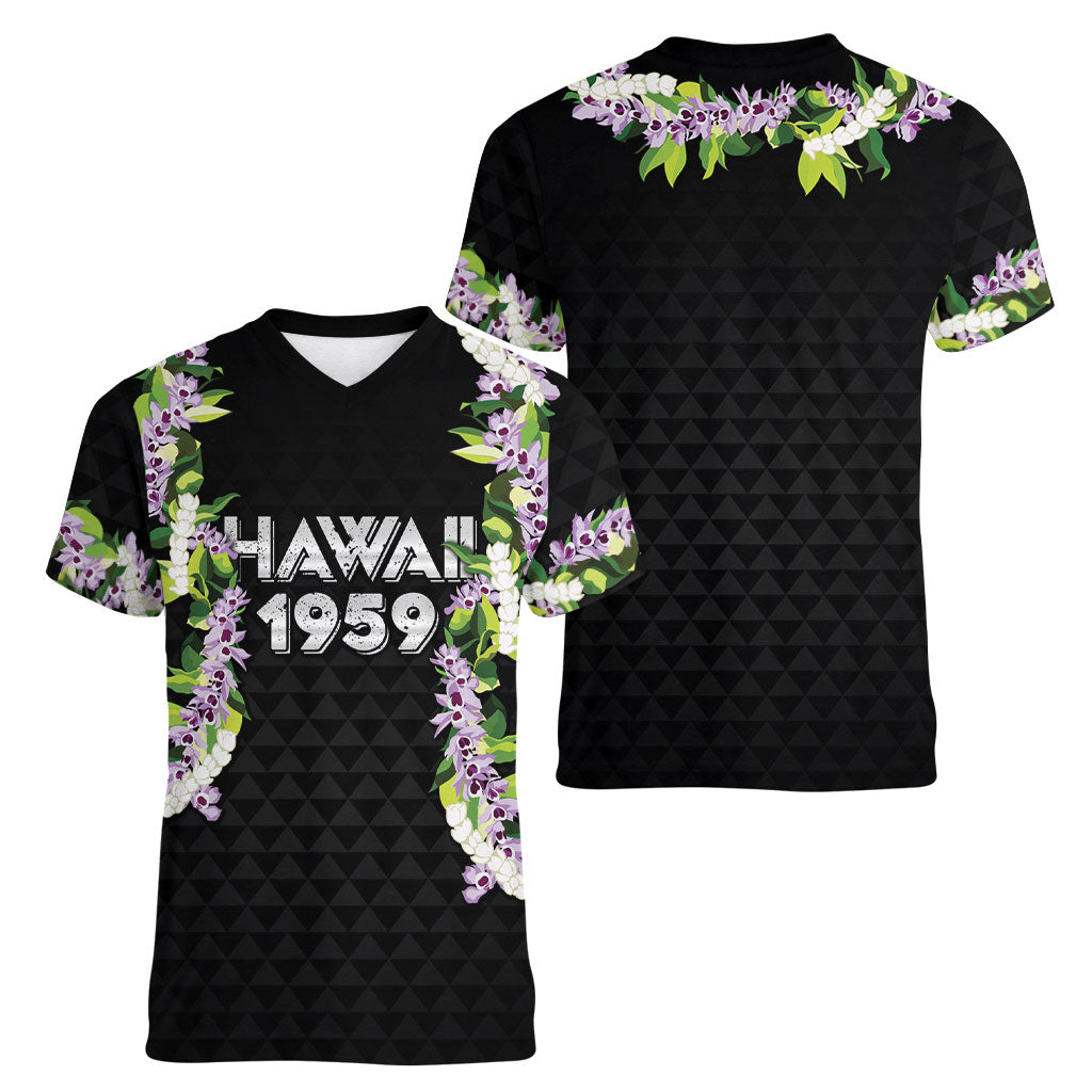 Hawaii Statehood Day Women V-Neck T-Shirt Kakau Pattern With Maile Pikake Honohono Lei