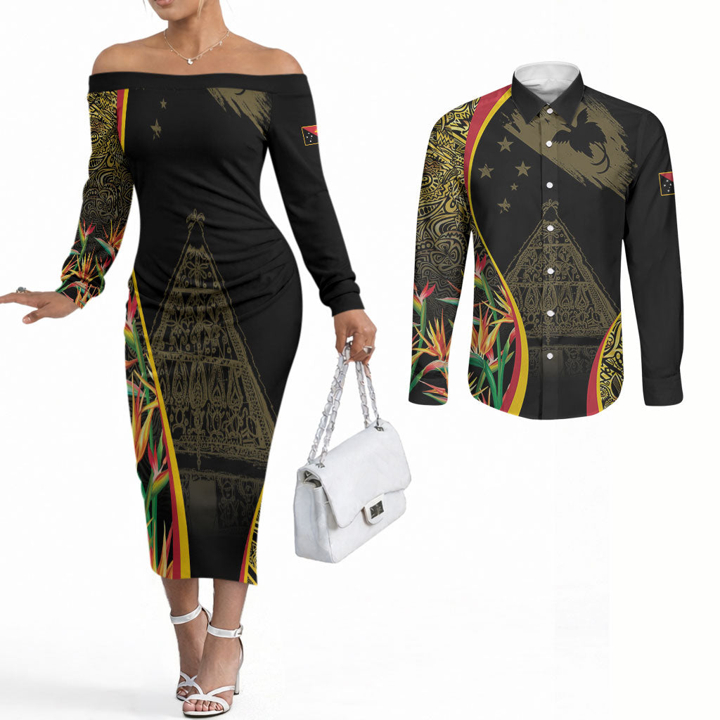 Papua New Guinea Hapi De Bilong Indipendens Couples Matching Off The Shoulder Long Sleeve Dress and Long Sleeve Button Shirt Special Style