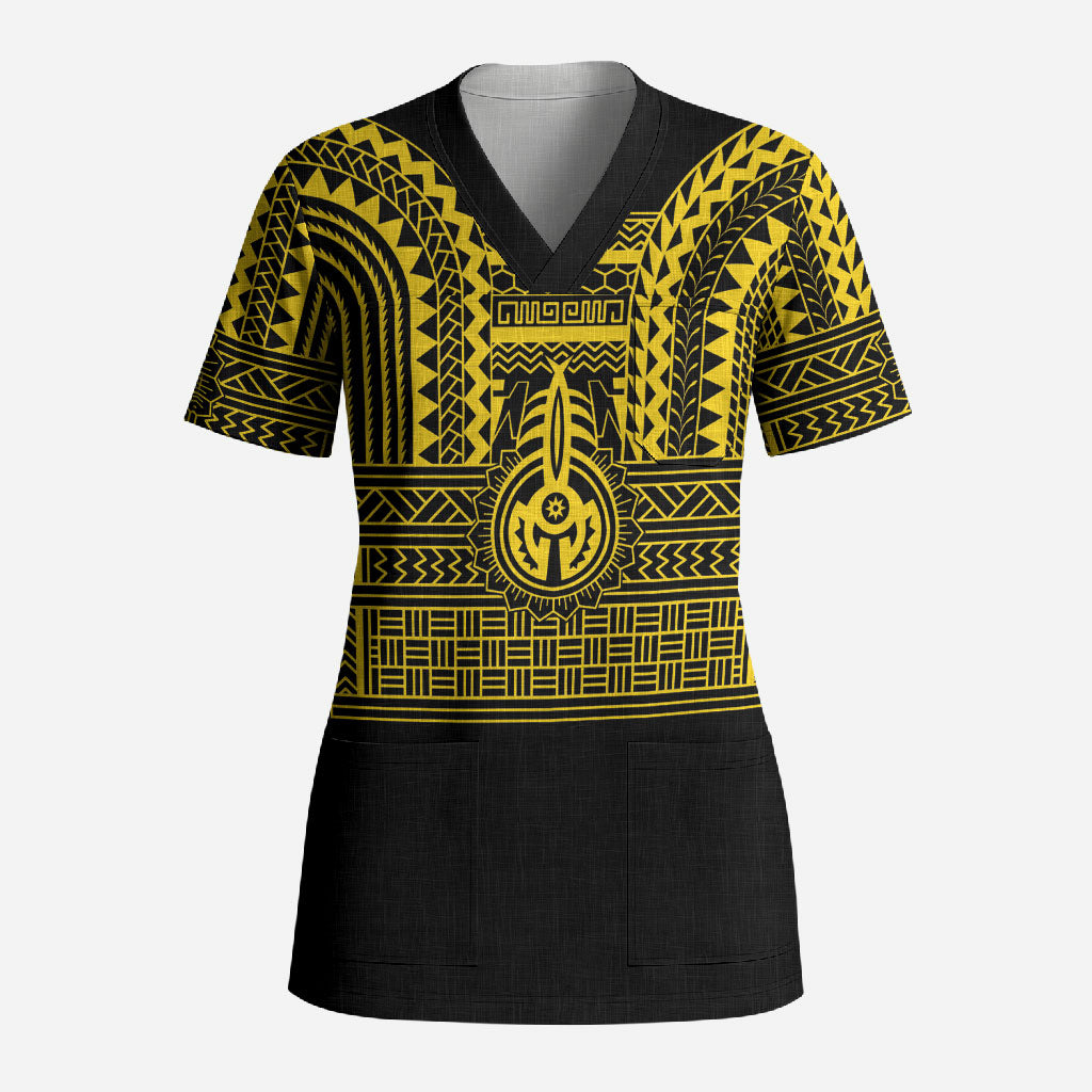 Philippines Filipinos Scrub Top Igorot Tribal Pattern Black LT05 Adult Black - Polynesian Pride