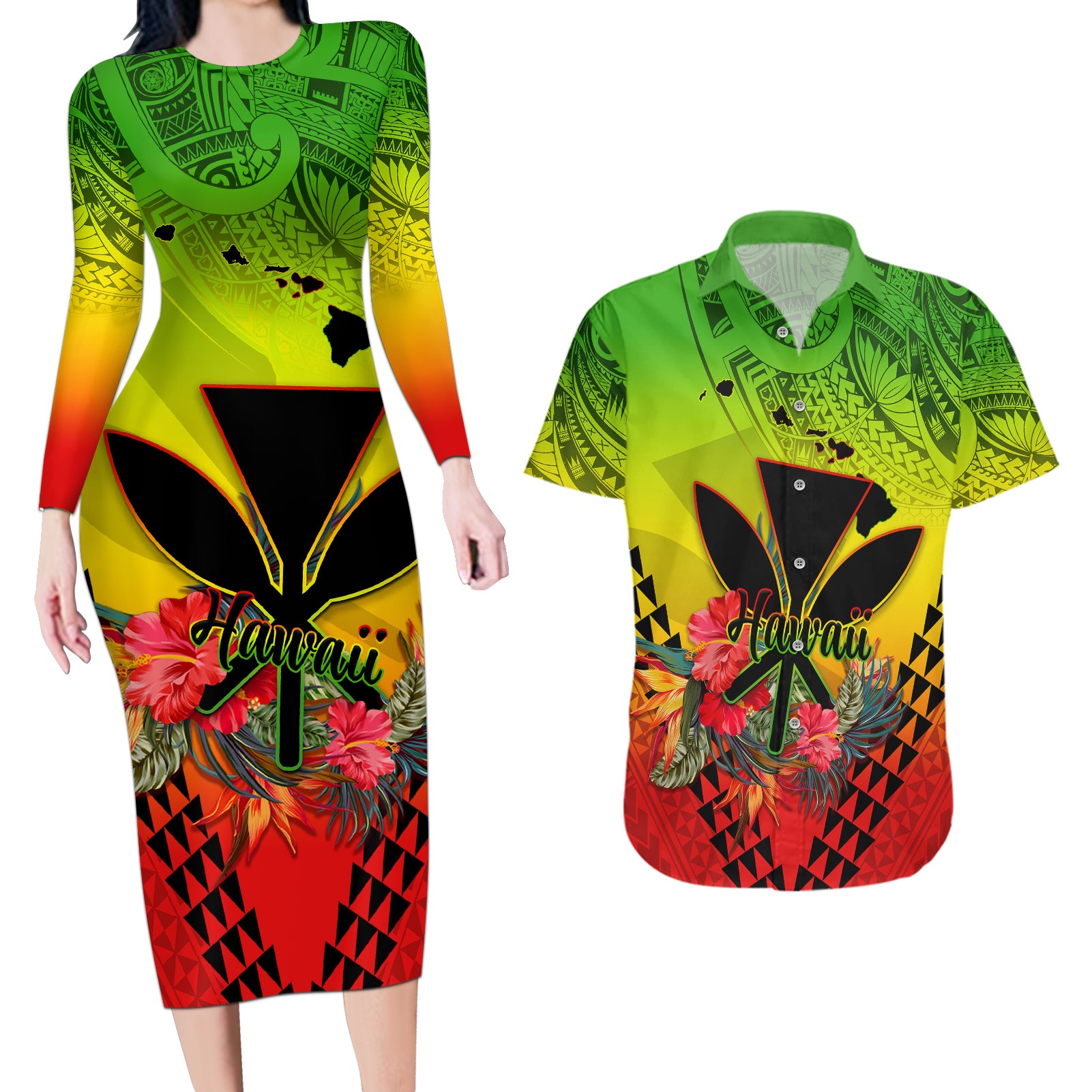 Personalized Hawaii Couples Matching Long Sleeve Bodycon Dress and Hawaiian Shirt Kakau Kanaka Maoli With Hibiscus Flowers LT05 Reggae - Polynesian Pride