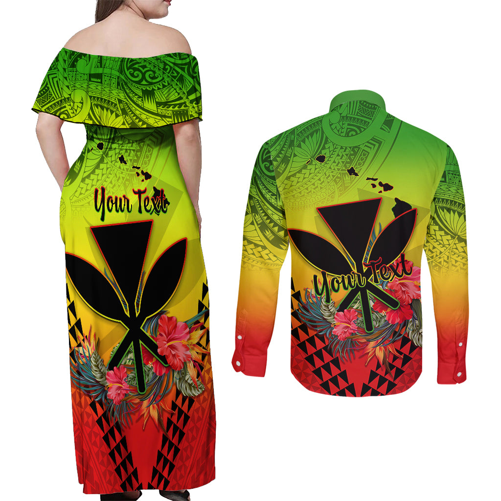Personalized Hawaii Couples Matching Off Shoulder Maxi Dress and Long Sleeve Button Shirts Kakau Kanaka Maoli With Hibiscus Flowers LT05 - Polynesian Pride