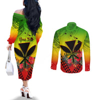 Personalized Hawaii Couples Matching Off The Shoulder Long Sleeve Dress and Long Sleeve Button Shirts Kakau Kanaka Maoli With Hibiscus Flowers LT05 - Polynesian Pride