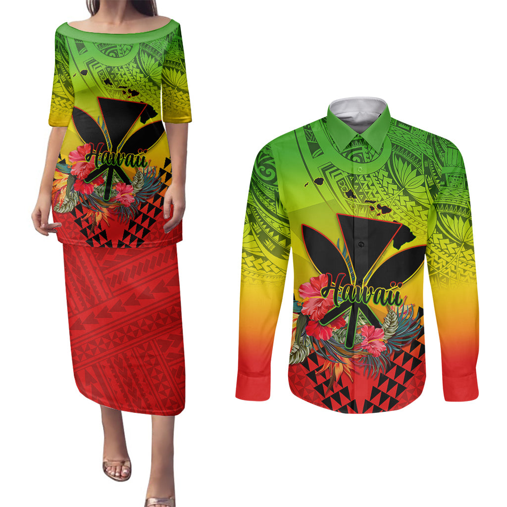 Personalized Hawaii Couples Matching Puletasi Dress and Long Sleeve Button Shirts Kakau Kanaka Maoli With Hibiscus Flowers LT05 Reggae - Polynesian Pride