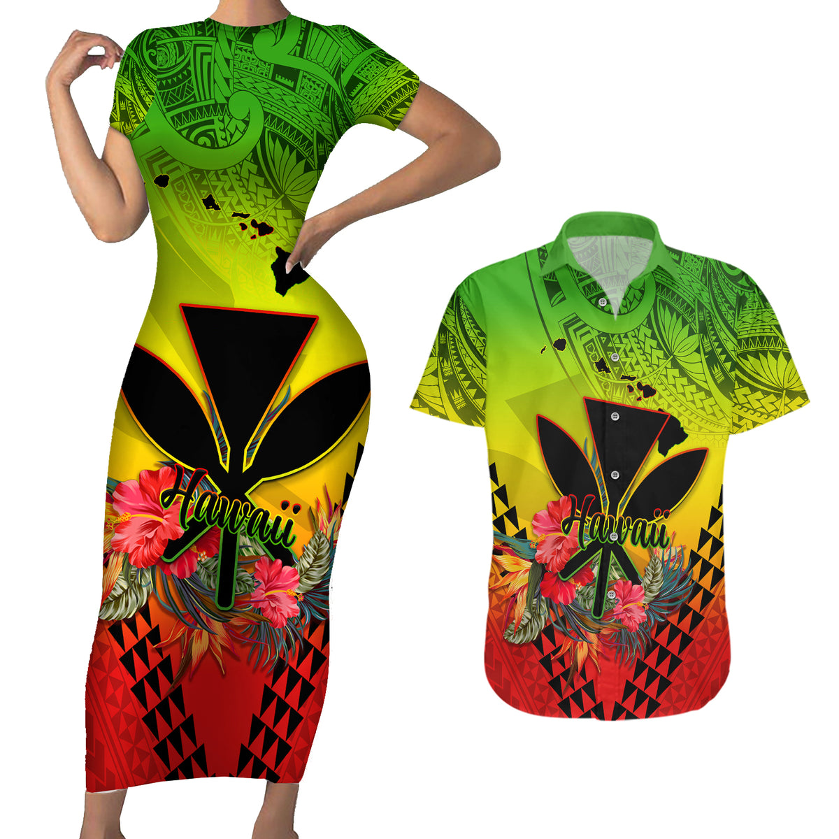 Personalized Hawaii Couples Matching Short Sleeve Bodycon Dress and Hawaiian Shirt Kakau Kanaka Maoli With Hibiscus Flowers LT05 Reggae - Polynesian Pride