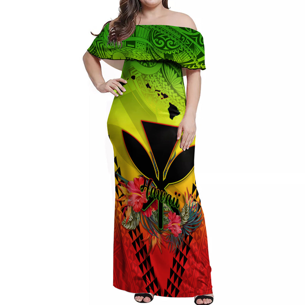 Personalized Hawaii Off Shoulder Maxi Dress Kakau Kanaka Maoli With Hibiscus Flowers LT05 Women Reggae - Polynesian Pride