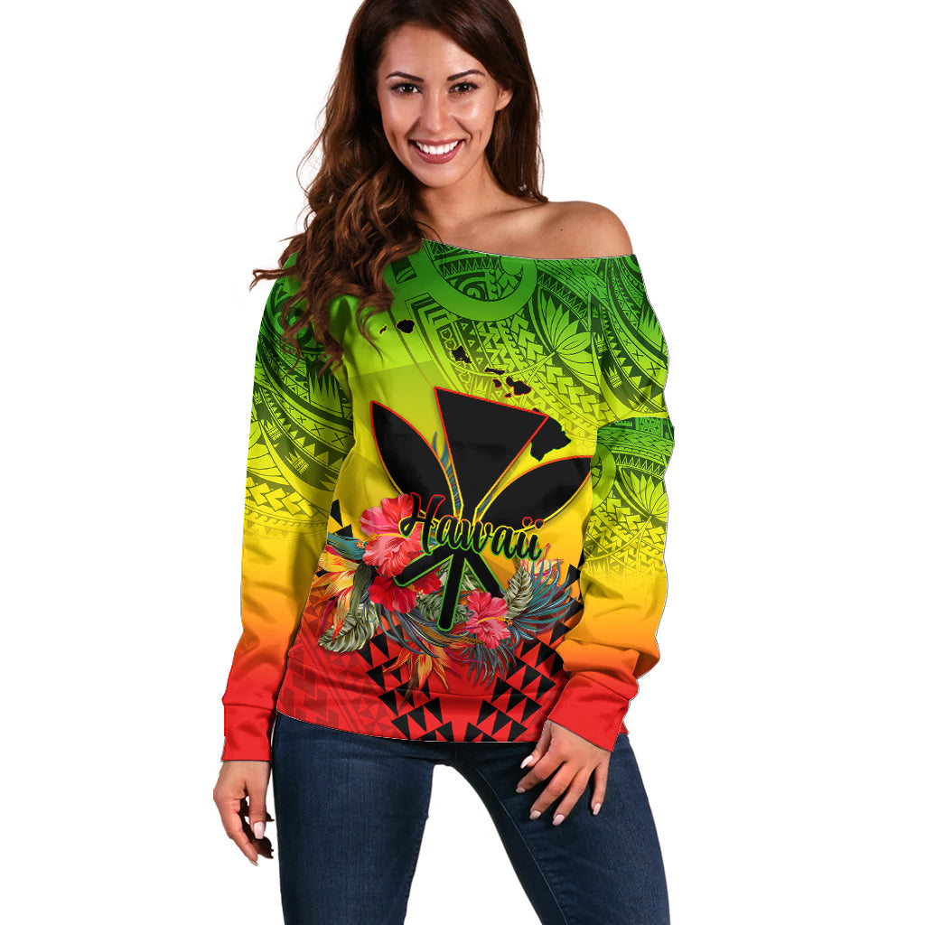 Personalized Hawaii Off Shoulder Sweater Kakau Kanaka Maoli With Hibiscus Flowers LT05 Women Reggae - Polynesian Pride