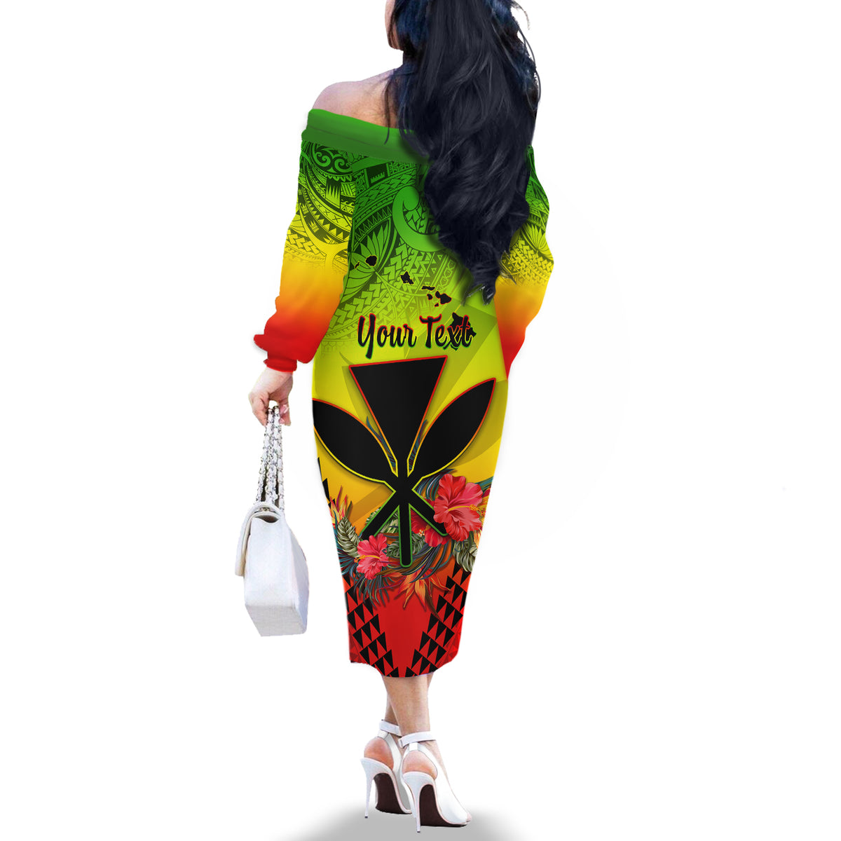 Personalized Hawaii Off The Shoulder Long Sleeve Dress Kakau Kanaka Maoli With Hibiscus Flowers LT05 - Polynesian Pride