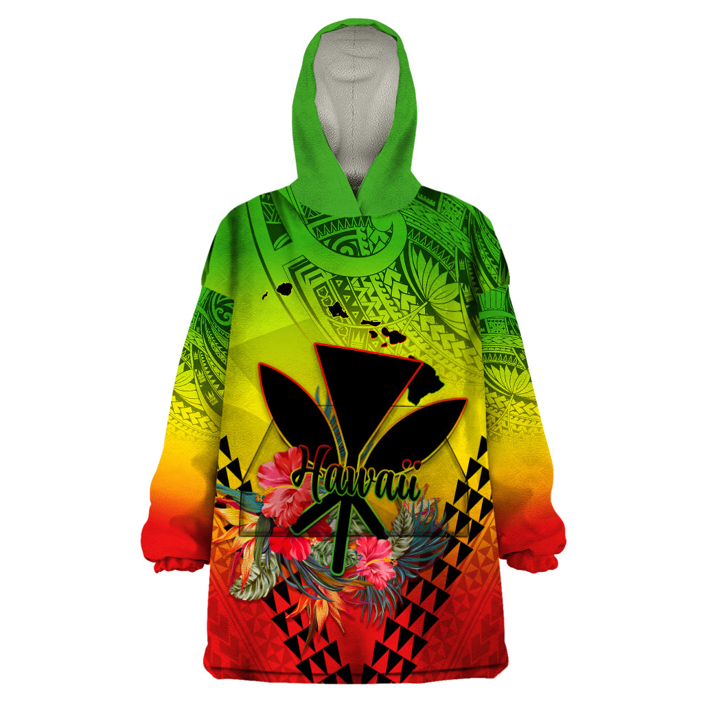 Personalized Hawaii Wearable Blanket Hoodie Kakau Kanaka Maoli With Hibiscus Flowers LT05 One Size Reggae - Polynesian Pride