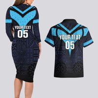 Custom Fiji Kaiviti Rugby Couples Matching Long Sleeve Bodycon Dress and Hawaiian Shirt Fiji Tapa Pattern
