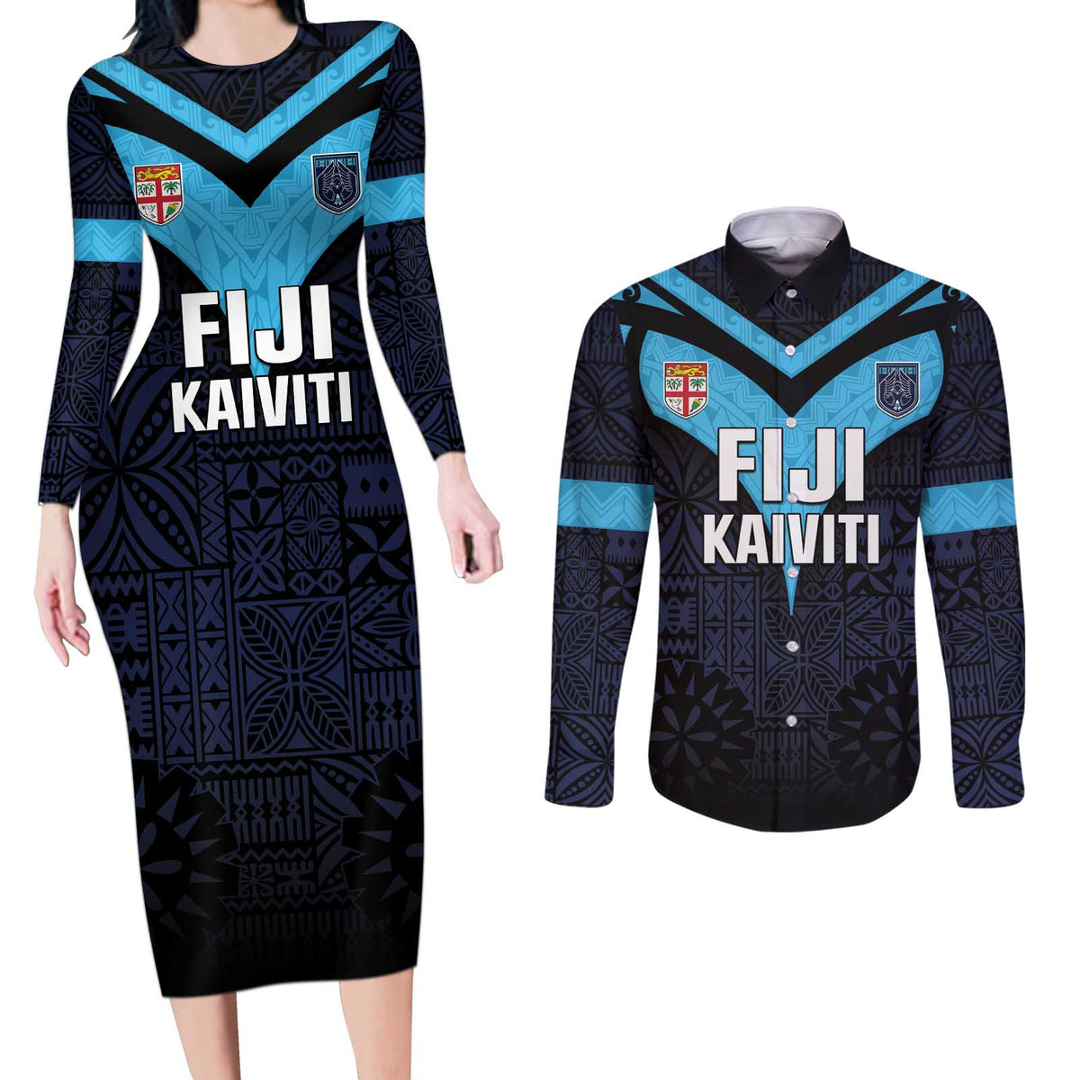 Custom Fiji Kaiviti Rugby Couples Matching Long Sleeve Bodycon Dress and Long Sleeve Button Shirt Fiji Tapa Pattern LT05 Blue - Polynesian Pride