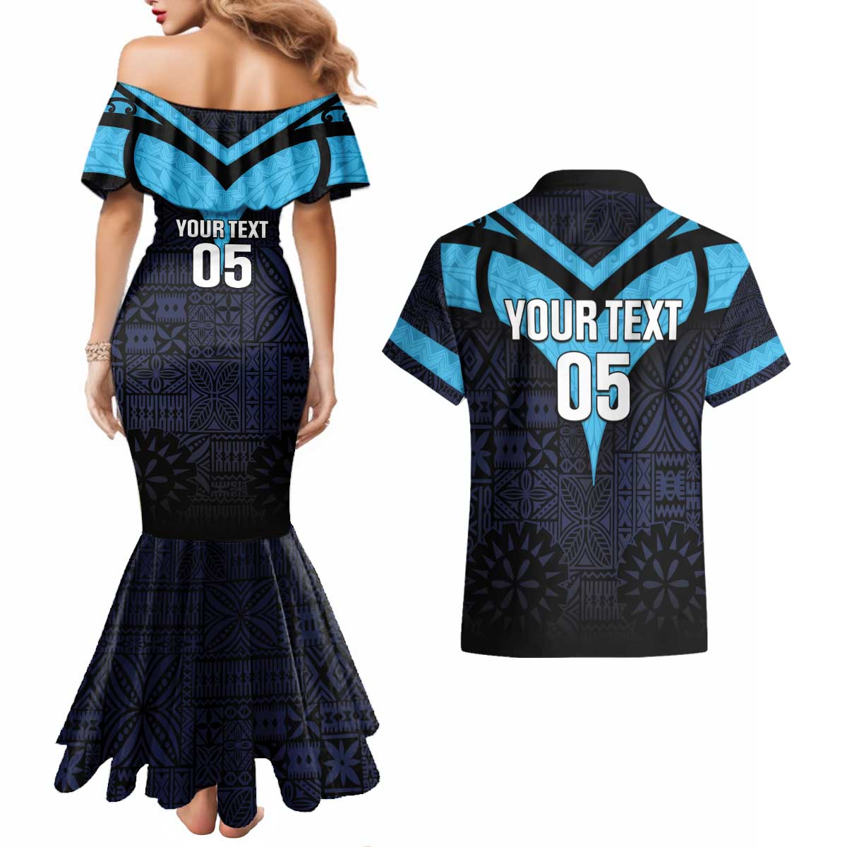 Custom Fiji Kaiviti Rugby Couples Matching Mermaid Dress and Hawaiian Shirt Fiji Tapa Pattern LT05 - Polynesian Pride