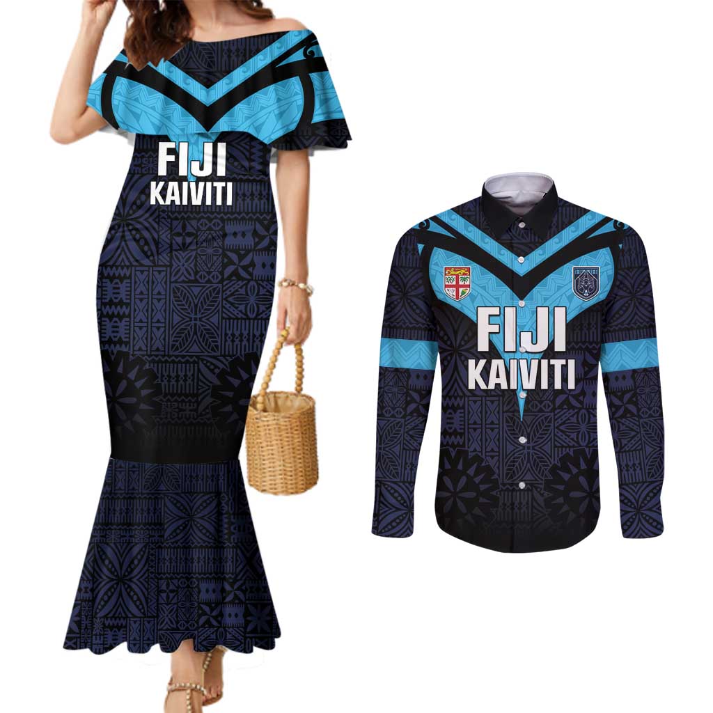 Custom Fiji Kaiviti Rugby Couples Matching Mermaid Dress and Long Sleeve Button Shirt Fiji Tapa Pattern LT05 Blue - Polynesian Pride