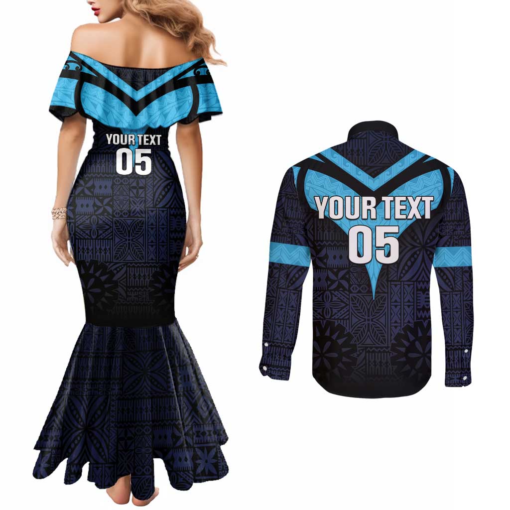 Custom Fiji Kaiviti Rugby Couples Matching Mermaid Dress and Long Sleeve Button Shirt Fiji Tapa Pattern LT05 - Polynesian Pride