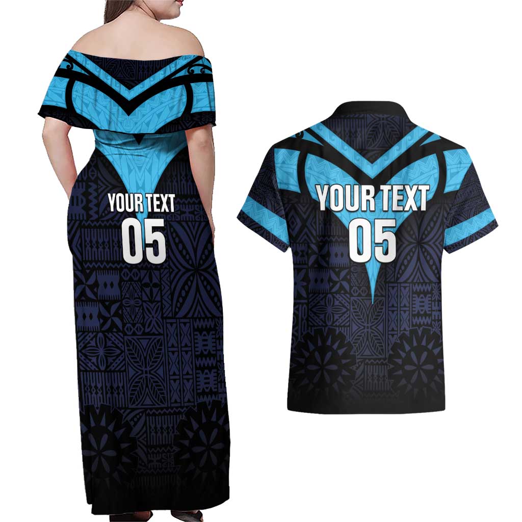Custom Fiji Kaiviti Rugby Couples Matching Off Shoulder Maxi Dress and Hawaiian Shirt Fiji Tapa Pattern LT05 - Polynesian Pride