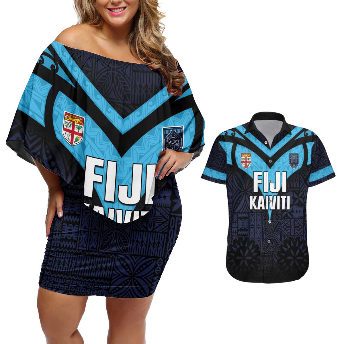 Custom Fiji Kaiviti Rugby Couples Matching Off Shoulder Short Dress and Hawaiian Shirt Fiji Tapa Pattern LT05 Blue - Polynesian Pride