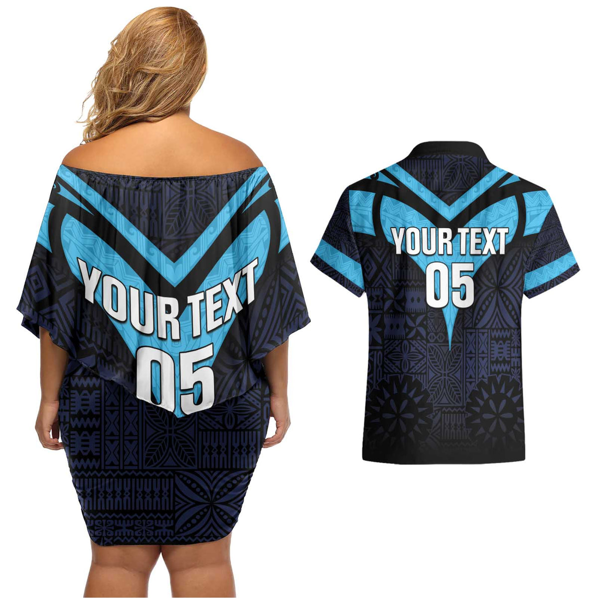 Custom Fiji Kaiviti Rugby Couples Matching Off Shoulder Short Dress and Hawaiian Shirt Fiji Tapa Pattern LT05 - Polynesian Pride