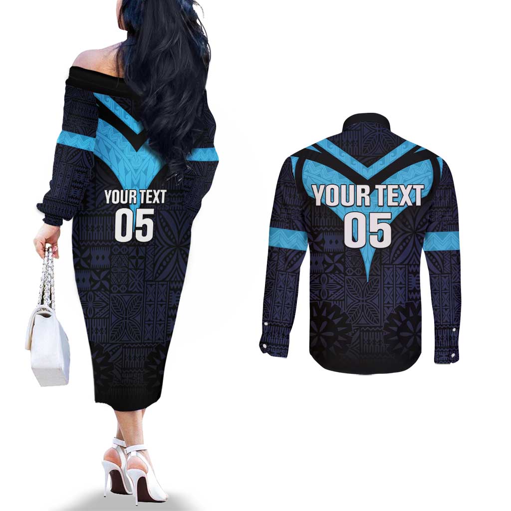 Custom Fiji Kaiviti Rugby Couples Matching Off The Shoulder Long Sleeve Dress and Long Sleeve Button Shirt Fiji Tapa Pattern LT05 - Polynesian Pride