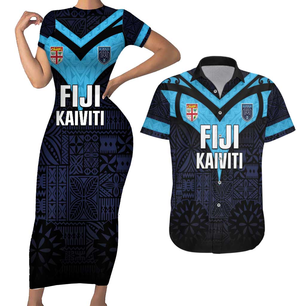 Custom Fiji Kaiviti Rugby Couples Matching Short Sleeve Bodycon Dress and Hawaiian Shirt Fiji Tapa Pattern