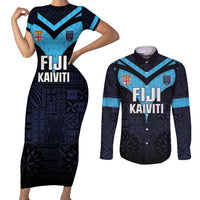 Custom Fiji Kaiviti Rugby Couples Matching Short Sleeve Bodycon Dress and Long Sleeve Button Shirt Fiji Tapa Pattern LT05 Blue - Polynesian Pride