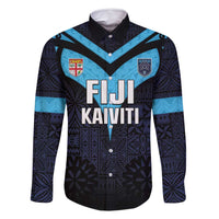 Custom Fiji Kaiviti Rugby Family Matching Long Sleeve Bodycon Dress and Hawaiian Shirt Fiji Tapa Pattern LT05 Dad's Shirt - Long Sleeve Blue - Polynesian Pride