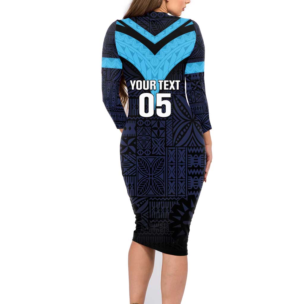 Custom Fiji Kaiviti Rugby Family Matching Long Sleeve Bodycon Dress and Hawaiian Shirt Fiji Tapa Pattern LT05 - Polynesian Pride