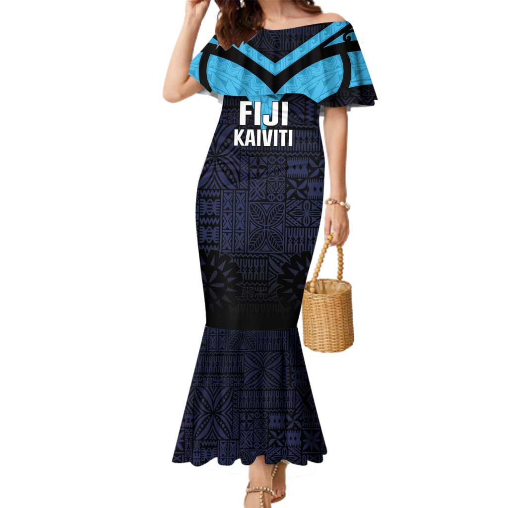 Custom Fiji Kaiviti Rugby Family Matching Mermaid Dress and Hawaiian Shirt Fiji Tapa Pattern LT05 Mom's Dress Blue - Polynesian Pride