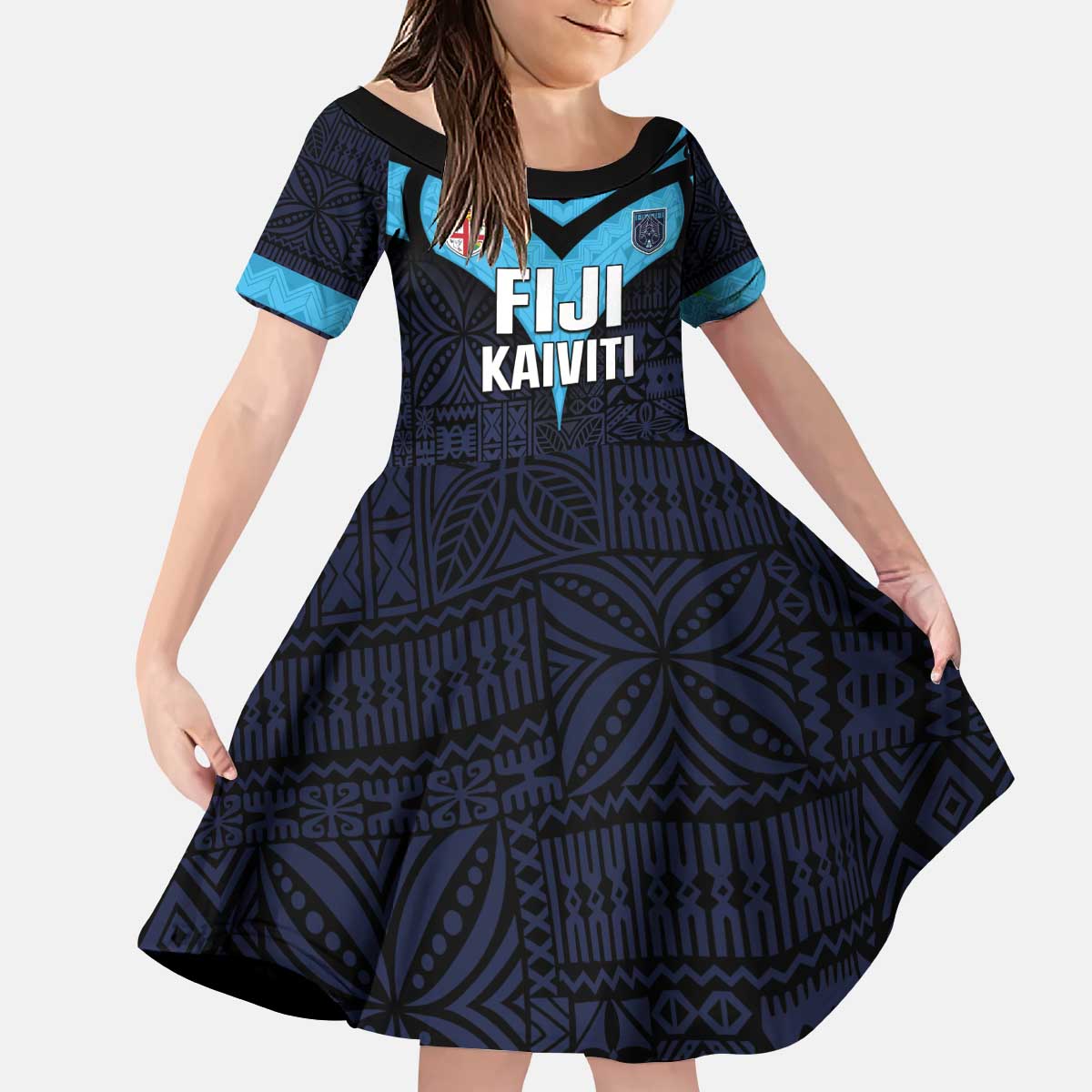Custom Fiji Kaiviti Rugby Family Matching Puletasi and Hawaiian Shirt Fiji Tapa Pattern LT05 Daughter's Dress Blue - Polynesian Pride