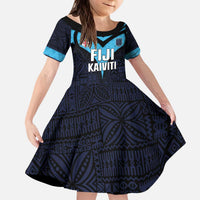 Custom Fiji Kaiviti Rugby Family Matching Puletasi and Hawaiian Shirt Fiji Tapa Pattern LT05 Daughter's Dress Blue - Polynesian Pride