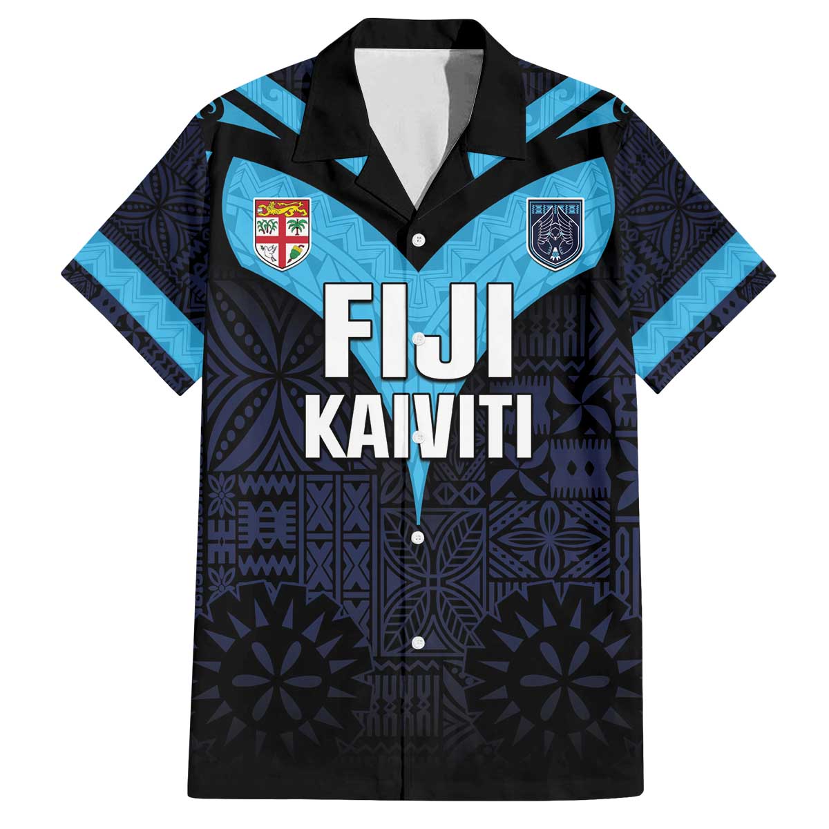Custom Fiji Kaiviti Rugby Family Matching Puletasi and Hawaiian Shirt Fiji Tapa Pattern LT05 Dad's Shirt - Short Sleeve Blue - Polynesian Pride