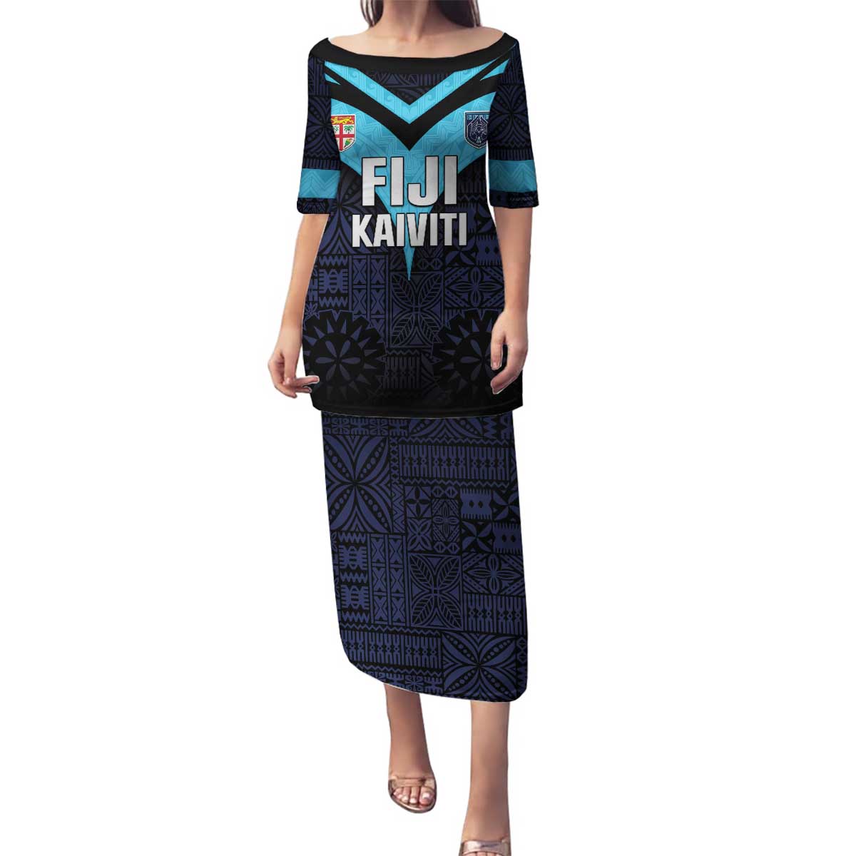 Custom Fiji Kaiviti Rugby Family Matching Puletasi and Hawaiian Shirt Fiji Tapa Pattern LT05 Mom's Dress Blue - Polynesian Pride