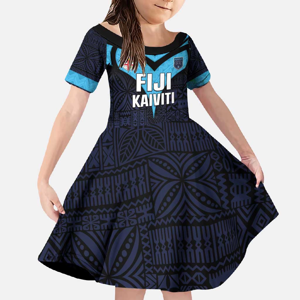 Custom Fiji Kaiviti Rugby Family Matching Short Sleeve Bodycon Dress and Hawaiian Shirt Fiji Tapa Pattern LT05 Daughter's Dress Blue - Polynesian Pride
