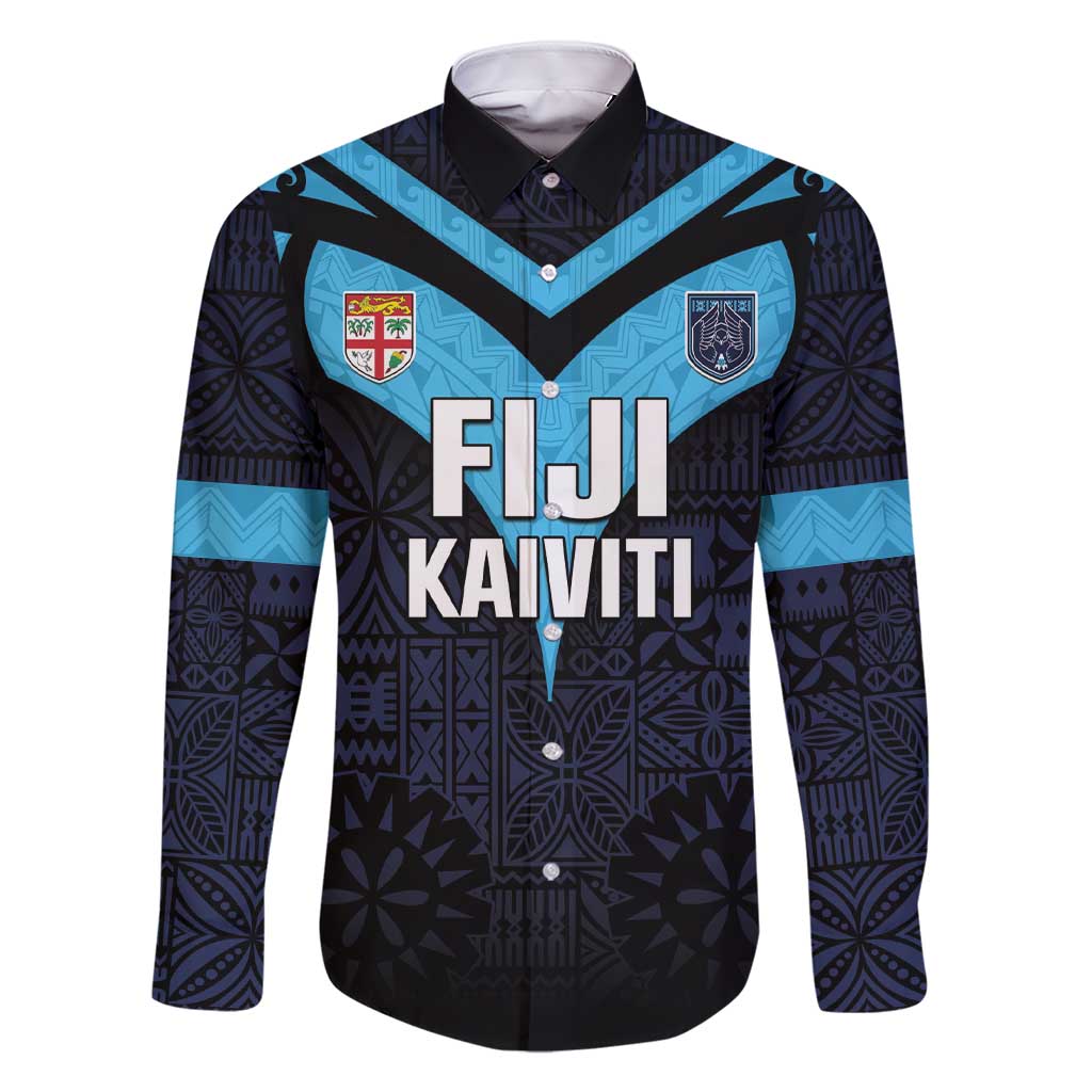Custom Fiji Kaiviti Rugby Family Matching Short Sleeve Bodycon Dress and Hawaiian Shirt Fiji Tapa Pattern LT05 Dad's Shirt - Long Sleeve Blue - Polynesian Pride