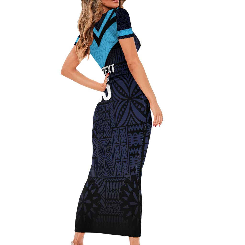 Custom Fiji Kaiviti Rugby Family Matching Short Sleeve Bodycon Dress and Hawaiian Shirt Fiji Tapa Pattern LT05 - Polynesian Pride