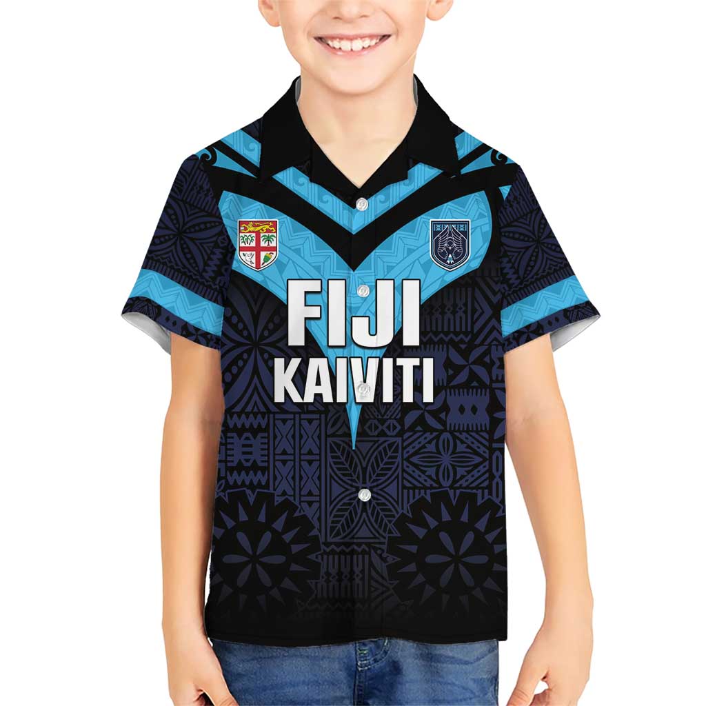 Custom Fiji Kaiviti Rugby Family Matching Short Sleeve Bodycon Dress and Hawaiian Shirt Fiji Tapa Pattern LT05 Son's Shirt Blue - Polynesian Pride