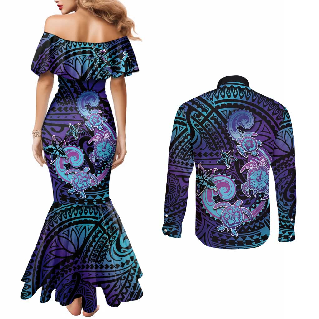 Hawaii Makahiki Turtle Couples Matching Mermaid Dress and Long Sleeve Button Shirt Spiral Polynesian Tattoo