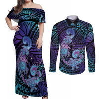 Hawaii Makahiki Turtle Couples Matching Off Shoulder Maxi Dress and Long Sleeve Button Shirt Spiral Polynesian Tattoo