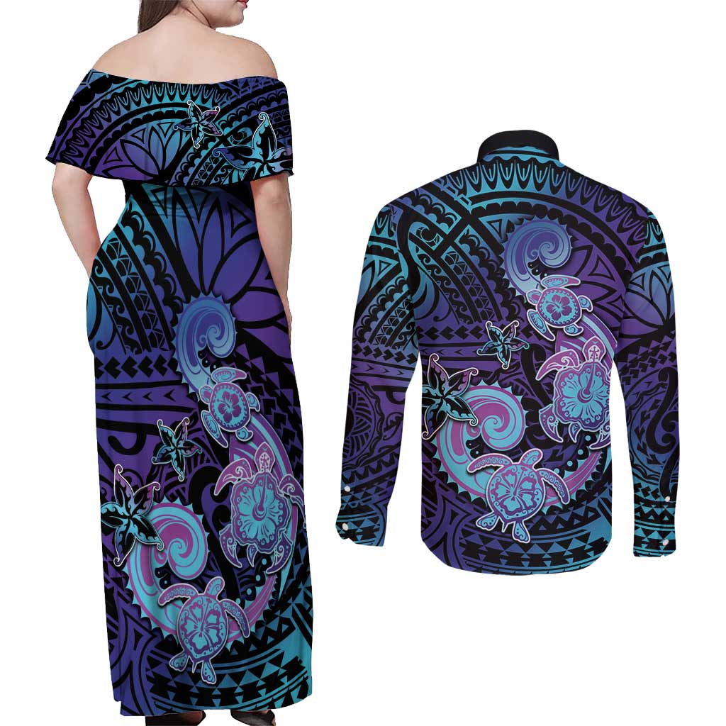 Hawaii Makahiki Turtle Couples Matching Off Shoulder Maxi Dress and Long Sleeve Button Shirt Spiral Polynesian Tattoo