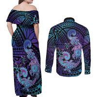 Hawaii Makahiki Turtle Couples Matching Off Shoulder Maxi Dress and Long Sleeve Button Shirt Spiral Polynesian Tattoo
