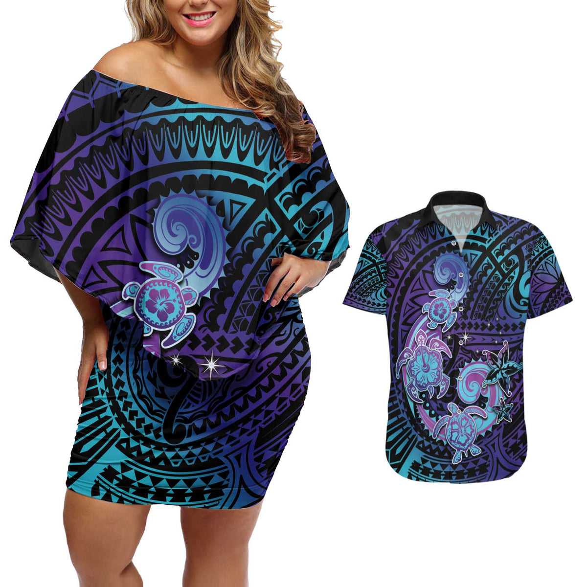 Hawaii Makahiki Turtle Couples Matching Off Shoulder Short Dress and Hawaiian Shirt Spiral Polynesian Tattoo