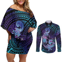 Hawaii Makahiki Turtle Couples Matching Off Shoulder Short Dress and Long Sleeve Button Shirt Spiral Polynesian Tattoo