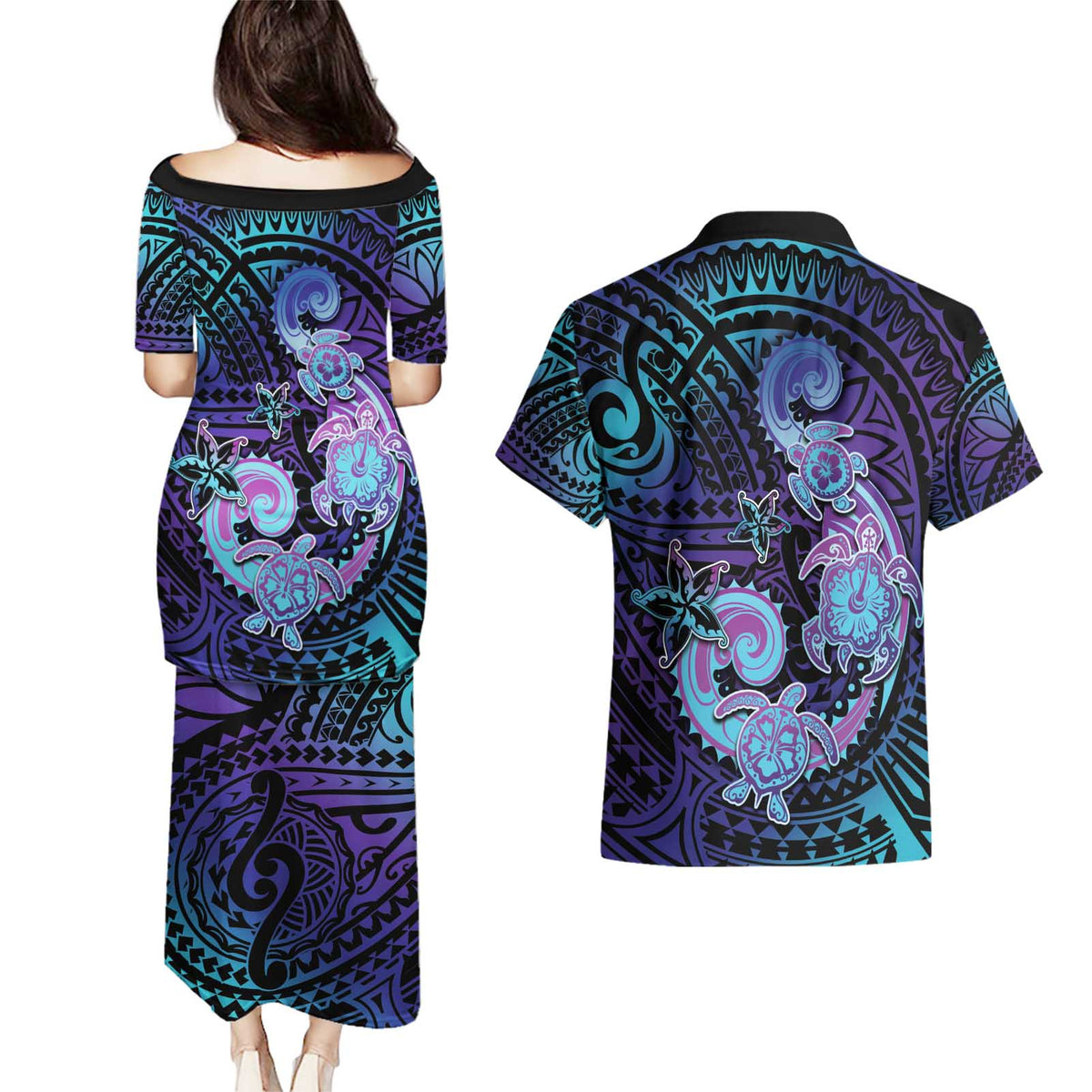 Hawaii Makahiki Turtle Couples Matching Puletasi and Hawaiian Shirt Spiral Polynesian Tattoo