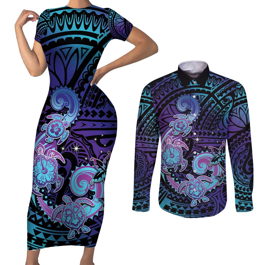 Hawaii Makahiki Turtle Couples Matching Short Sleeve Bodycon Dress and Long Sleeve Button Shirt Spiral Polynesian Tattoo