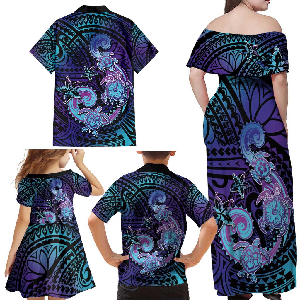 Hawaii Makahiki Turtle Family Matching Off Shoulder Maxi Dress and Hawaiian Shirt Spiral Polynesian Tattoo LT05 - Polynesian Pride