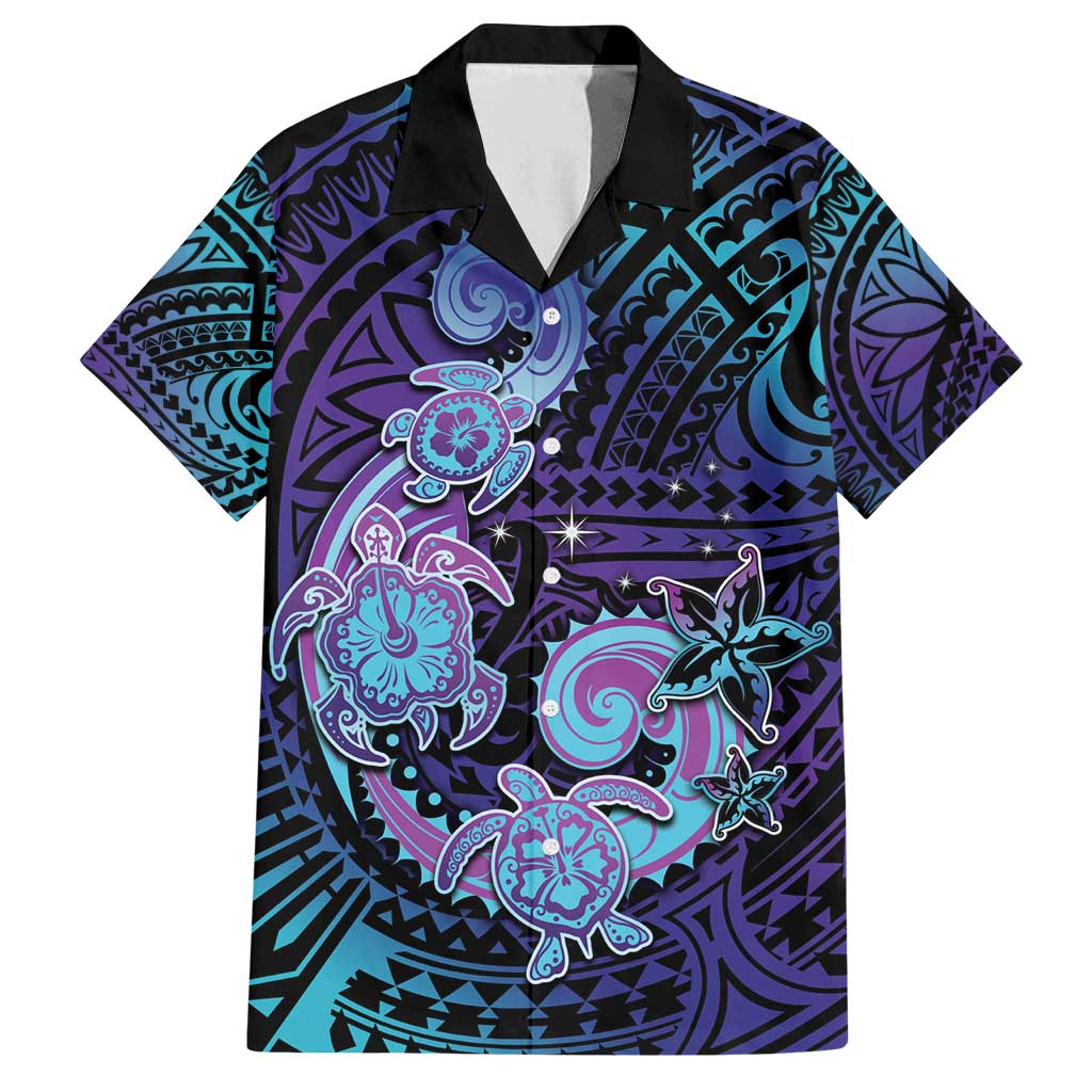 Hawaii Makahiki Turtle Family Matching Off Shoulder Maxi Dress and Hawaiian Shirt Spiral Polynesian Tattoo LT05 Dad's Shirt - Short Sleeve Purple - Polynesian Pride
