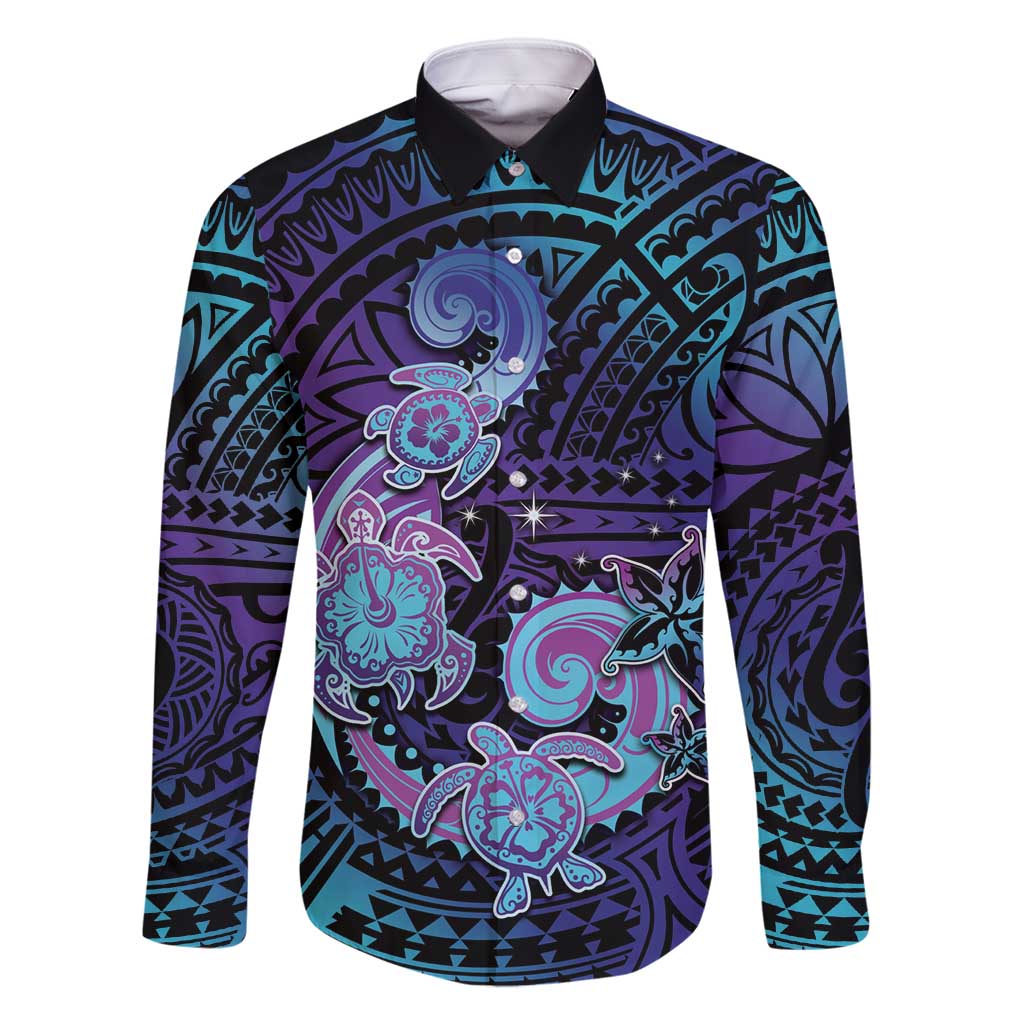 Hawaii Makahiki Turtle Family Matching Off Shoulder Maxi Dress and Hawaiian Shirt Spiral Polynesian Tattoo LT05 Dad's Shirt - Long Sleeve Purple - Polynesian Pride