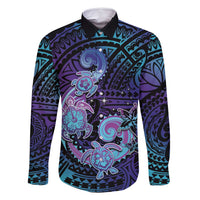 Hawaii Makahiki Turtle Family Matching Off Shoulder Maxi Dress and Hawaiian Shirt Spiral Polynesian Tattoo LT05 Dad's Shirt - Long Sleeve Purple - Polynesian Pride