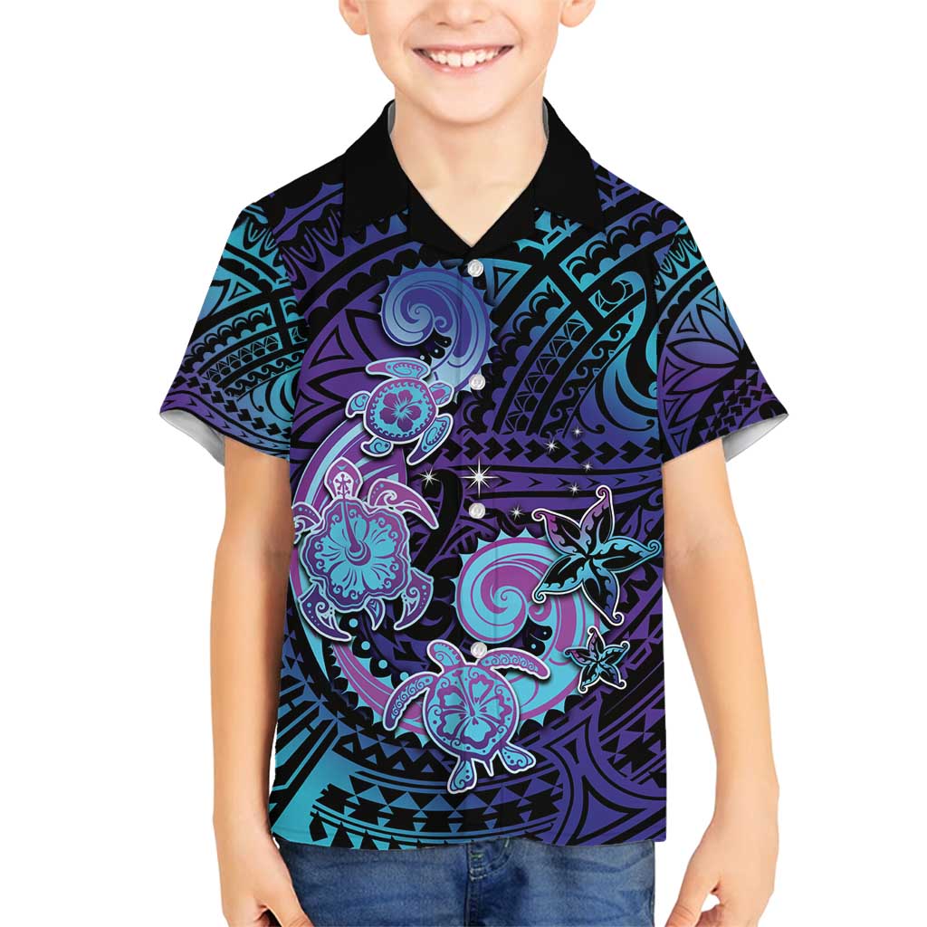 Hawaii Makahiki Turtle Family Matching Off Shoulder Maxi Dress and Hawaiian Shirt Spiral Polynesian Tattoo LT05 Son's Shirt Purple - Polynesian Pride