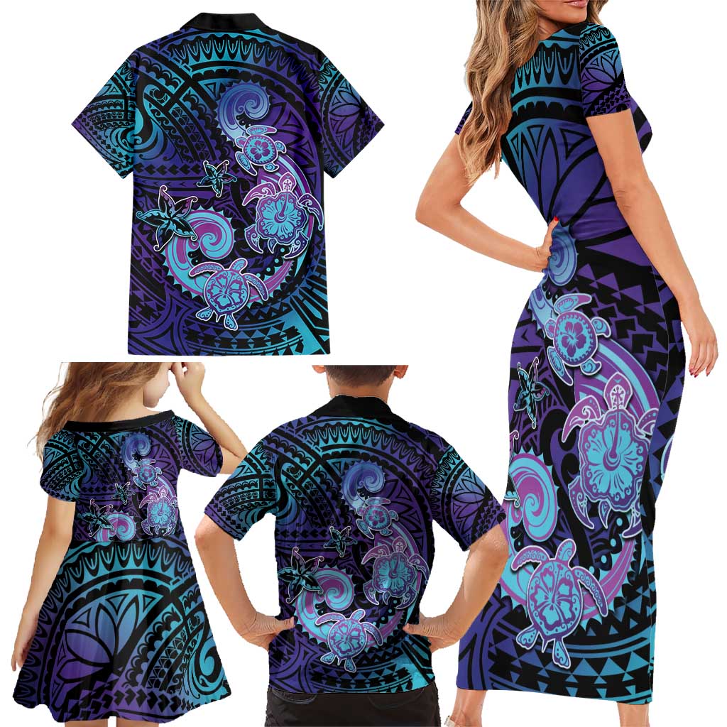 Hawaii Makahiki Turtle Family Matching Short Sleeve Bodycon Dress and Hawaiian Shirt Spiral Polynesian Tattoo