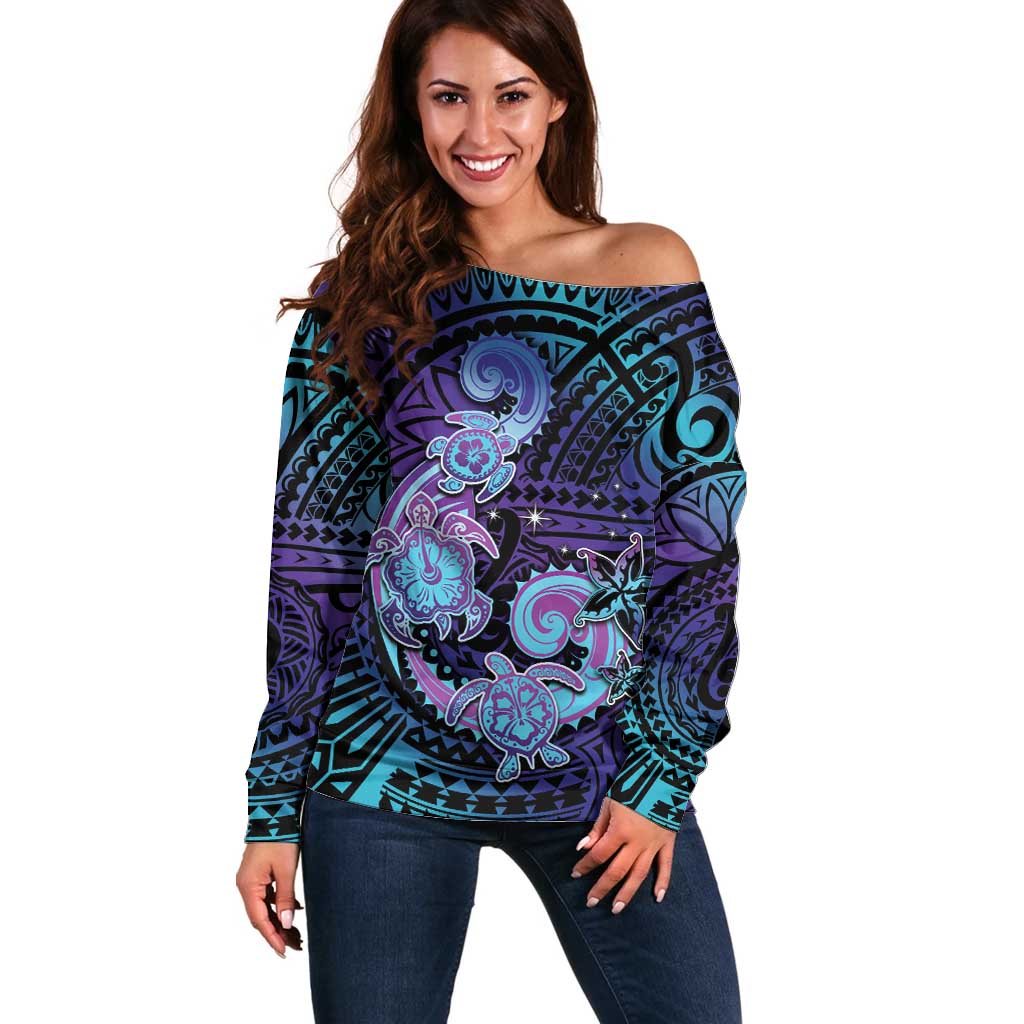 Hawaii Makahiki Turtle Off Shoulder Sweater Spiral Polynesian Tattoo