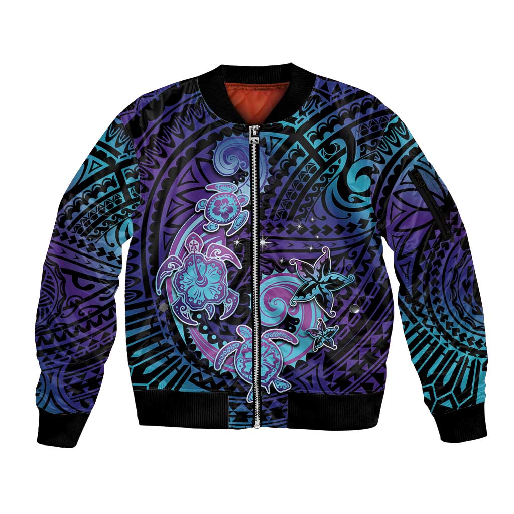 Hawaii Makahiki Turtle Sleeve Zip Bomber Jacket Spiral Polynesian Tattoo